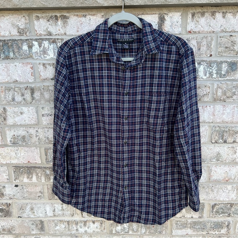 Consensus Sportswear Navy Plaid Cotton Flannel Shirt Men's M